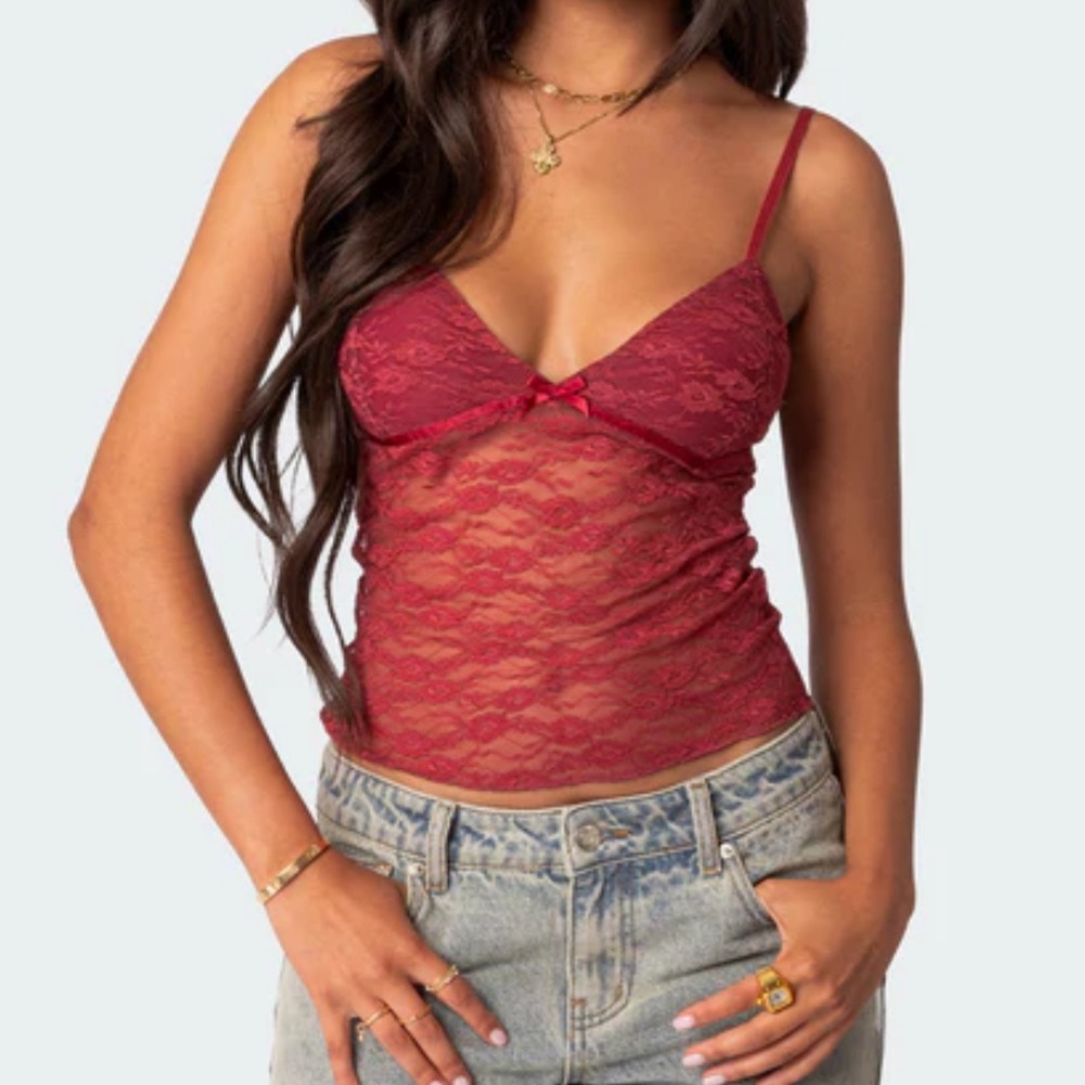 NEW edikted eira sheer lace top bordu red M